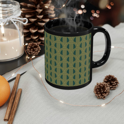 Art Deco Green and Gold Curved Arch Pattern -11oz Black Mug