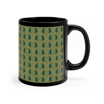 Art Deco Green and Gold Curved Arch Pattern -11oz Black Mug