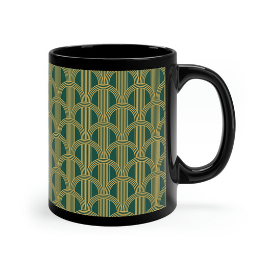 Art Deco Green and Gold Curved Arch Pattern -11oz Black Mug