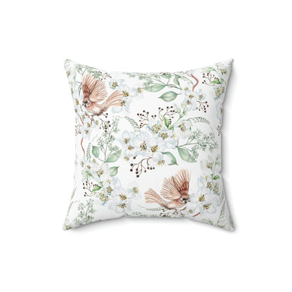 Faux Suede Square Pillow With a Floral Bird Pattern